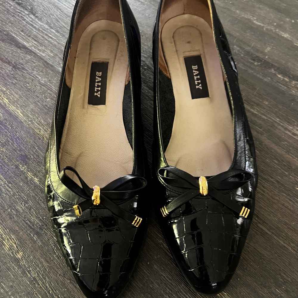 Bally Black Croc-Patterned Loafers with Gold Details